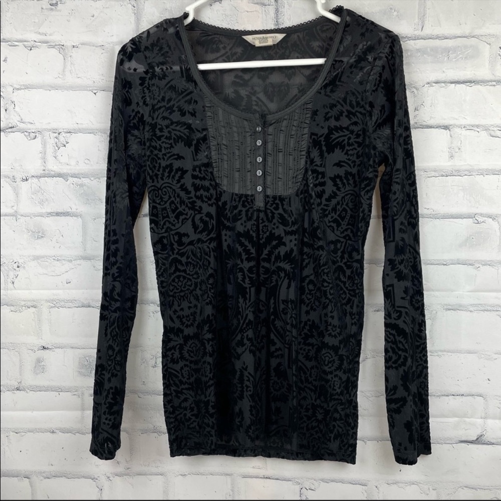 Ralph Lauren 90s Black Sheer Top with velvet
details Long Sleeve Size S